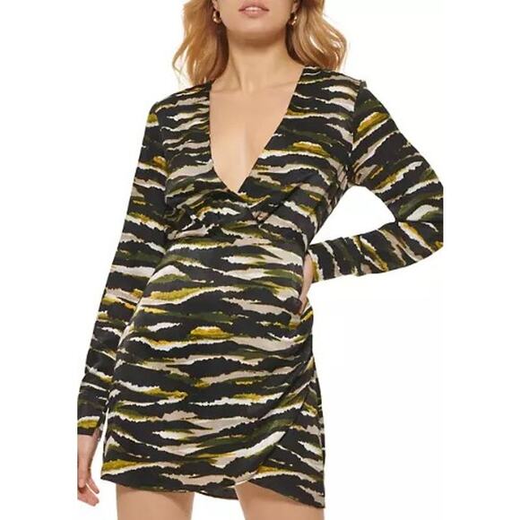 DKNY Abstract Faux Wrap Mini Satin Sheath Dress Green Camo Size 12 - Picture 1 of 10